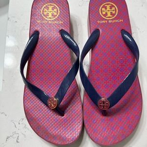 Tory Burch Wedge Sandal Flip-Flops, Size 8, Navy, Purple, Pink